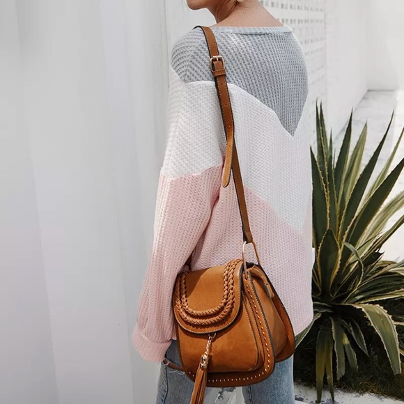 CLEARANCE Blue Gray Waffle Knit Color Block Chevron Top - Picture 2 of 2